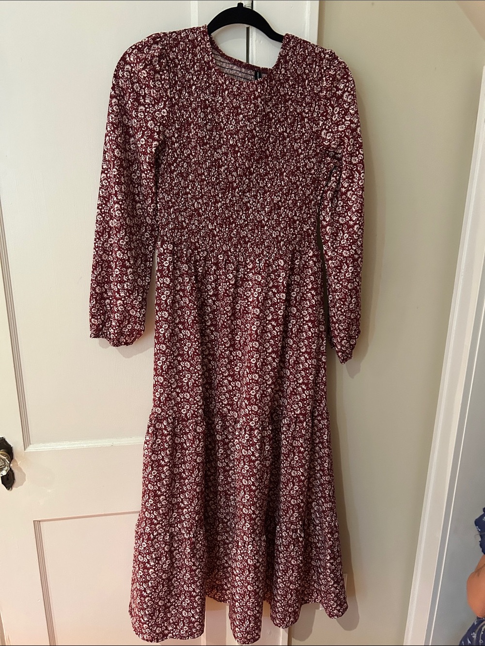 Smocked Waist Burgundy Floral Midi Dress with Long Sleeves